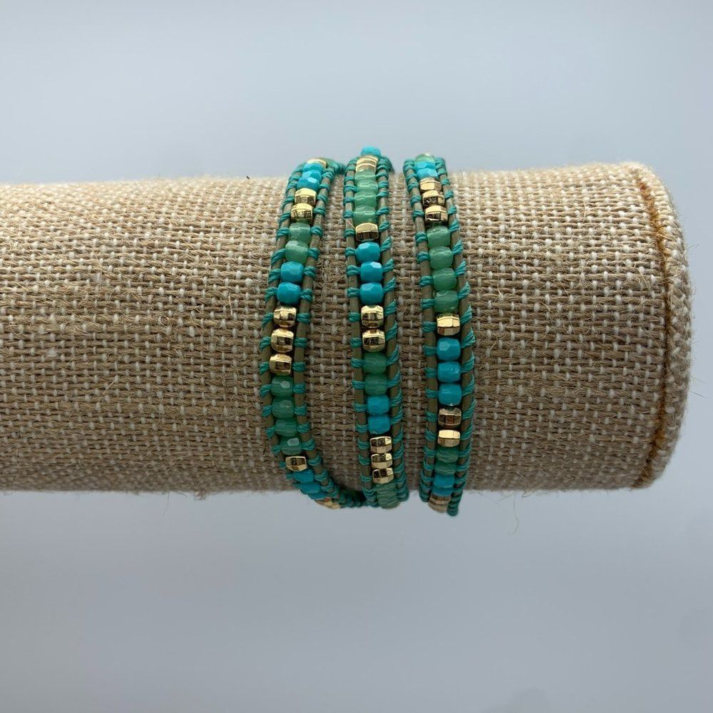 Stella & Dot Triple Wrap Bracelet - Brown Leather with Blue/Green/Gold Beads